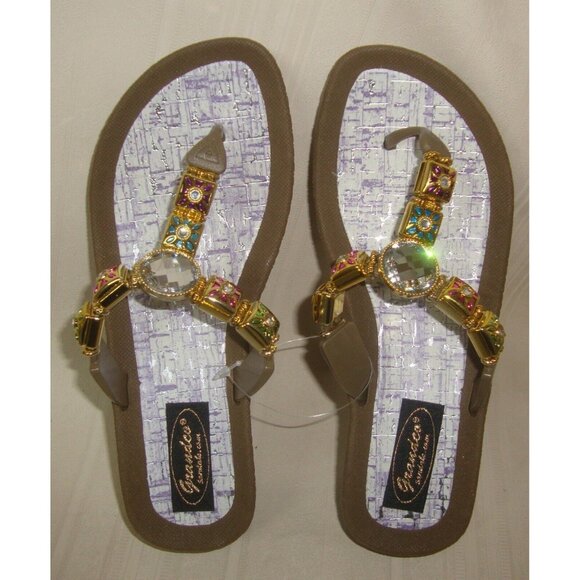 Grandco Beach Pool Thong BLING Gold Tone Jeweled Flip Flop Sandals Size US 9 NEW - Picture 1 of 7